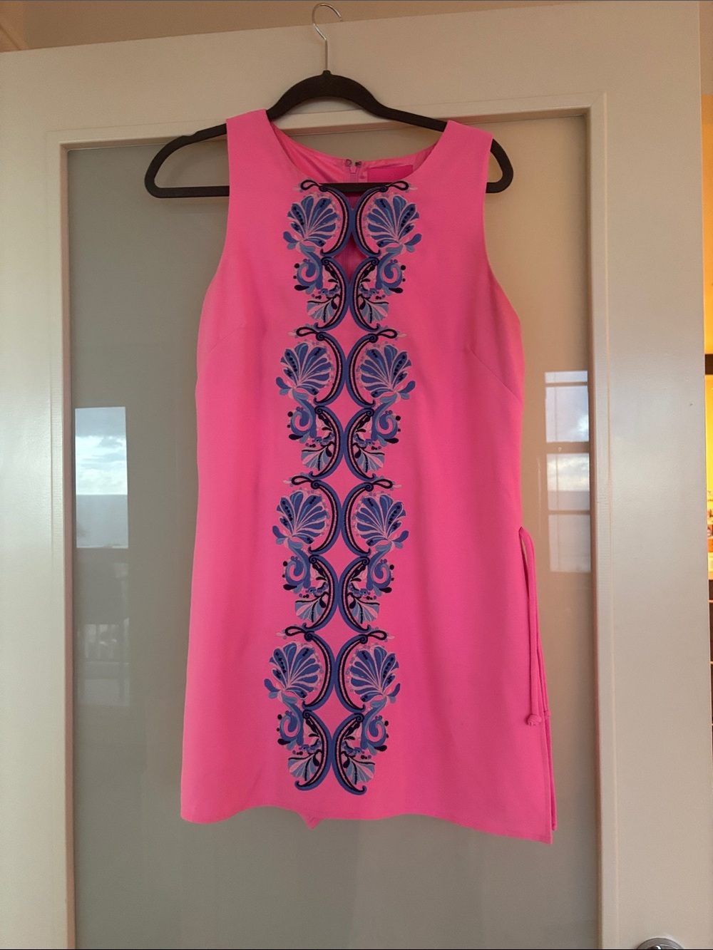 Lilly Pulitzer Bright Pink Sleeveless Shift with Blue Embroidered Center